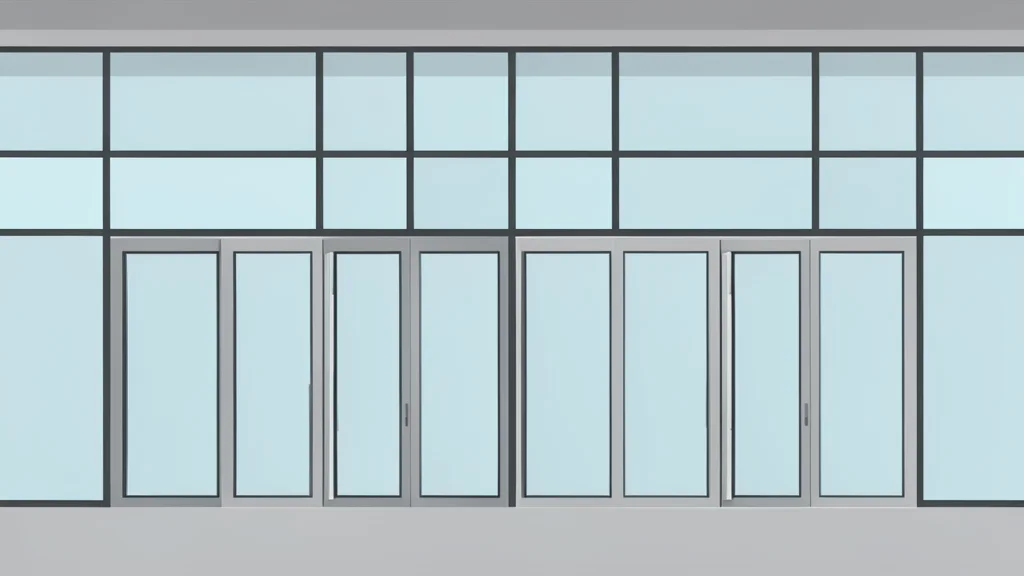 A modern glass bank building facade with a row of uniform doors