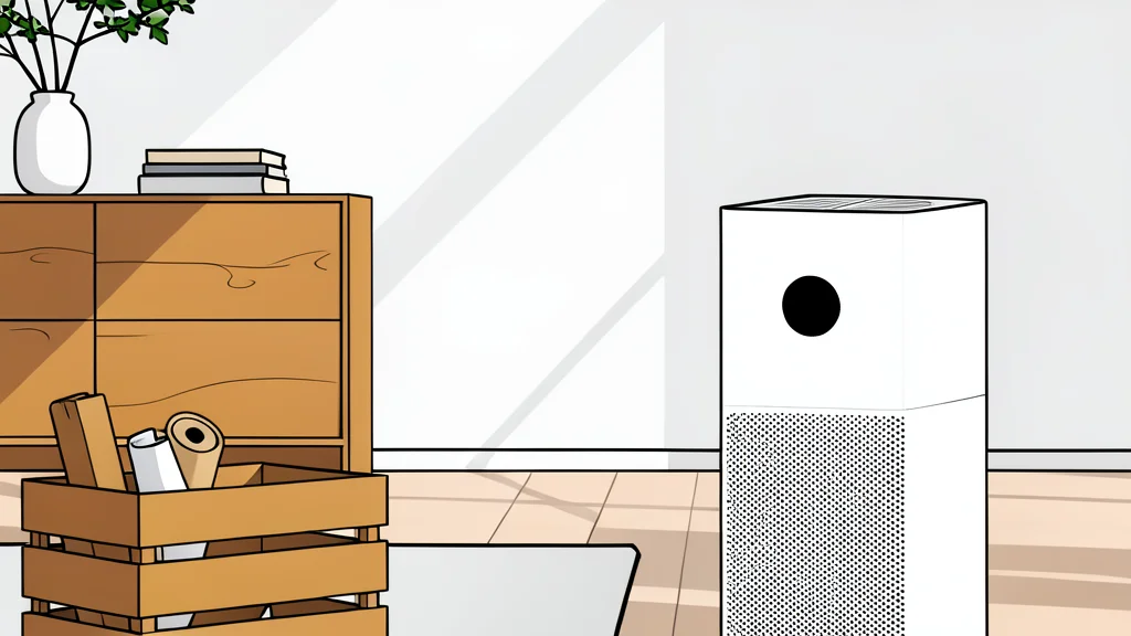 A compact, cylindrical white appliance with a circular display panel on top, standing on a wooden floor next to a potted plant.