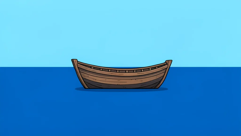 A small, weathered wooden boat floating on calm, deep blue ocean water under a clear sky