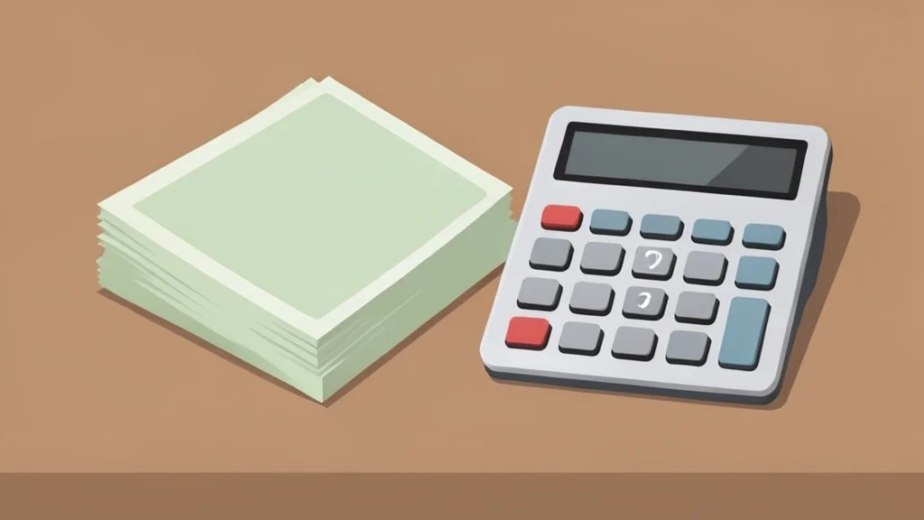 A stack of paper currency and a calculator on a wooden desk