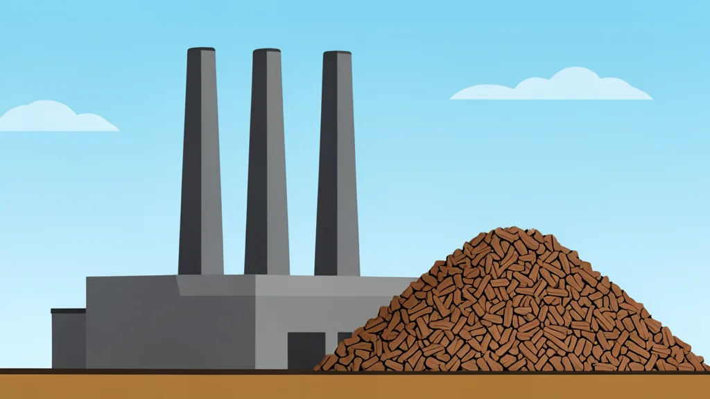 A large industrial power station with tall smokestacks standing next to a pile of compressed wood pellets