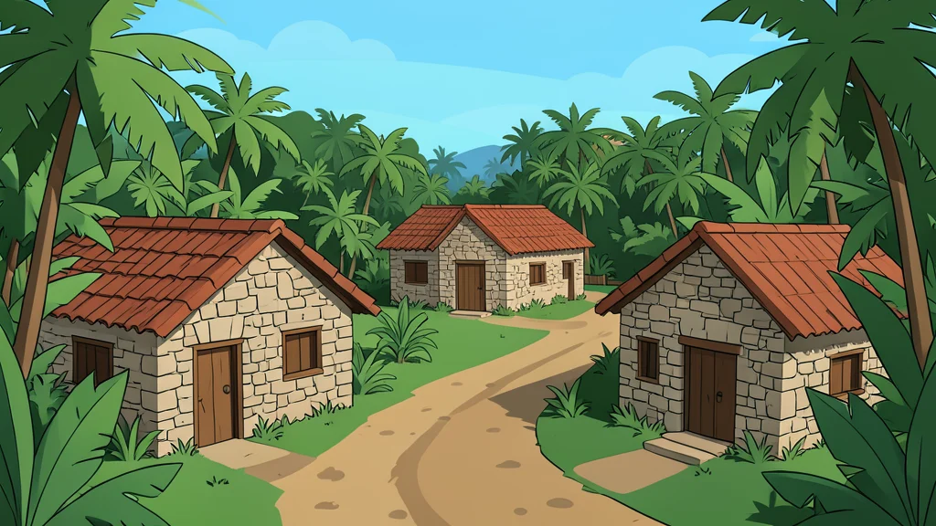 A rural farming village with stone houses and dirt roads surrounded by dense tropical vegetation