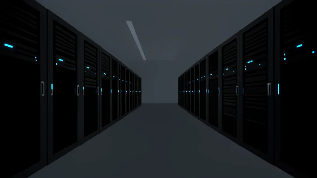 A vast, dimly lit server room with rows of black rectangular units and glowing blue status lights