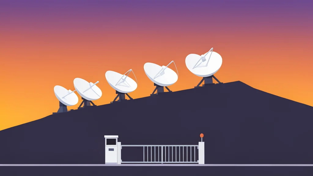 A row of radar dishes on a hilltop overlooking a border crossing at dusk