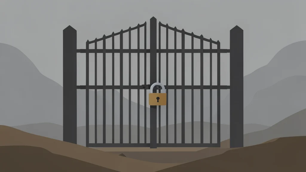 A heavy iron gate with a padlock, standing in a foggy landscape