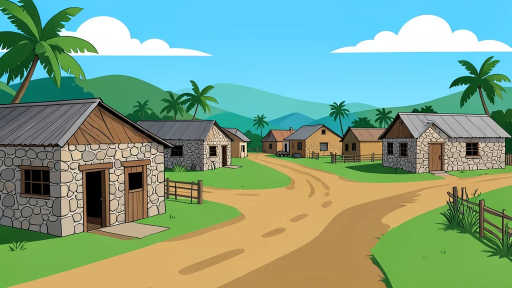 A rural farming community with stone-walled houses and dirt roads in the Caribbean landscape