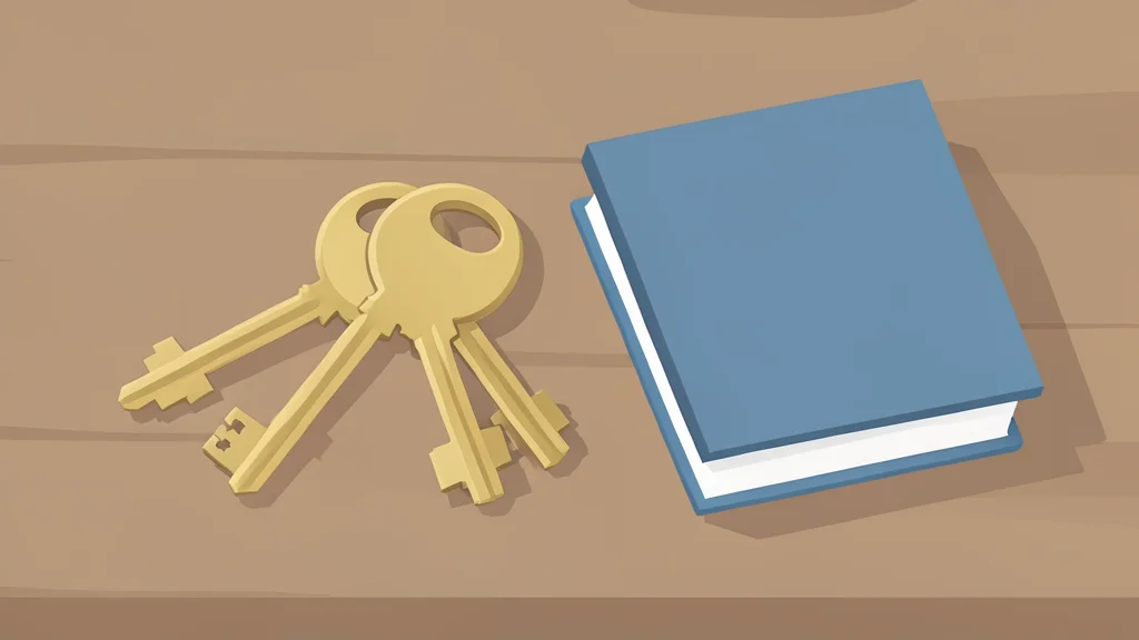 A set of brass house keys resting on a wooden table next to a closed book