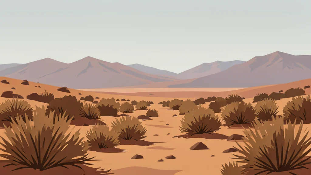 A rugged, arid landscape with dry scrub brush and distant mountains under a hazy sky