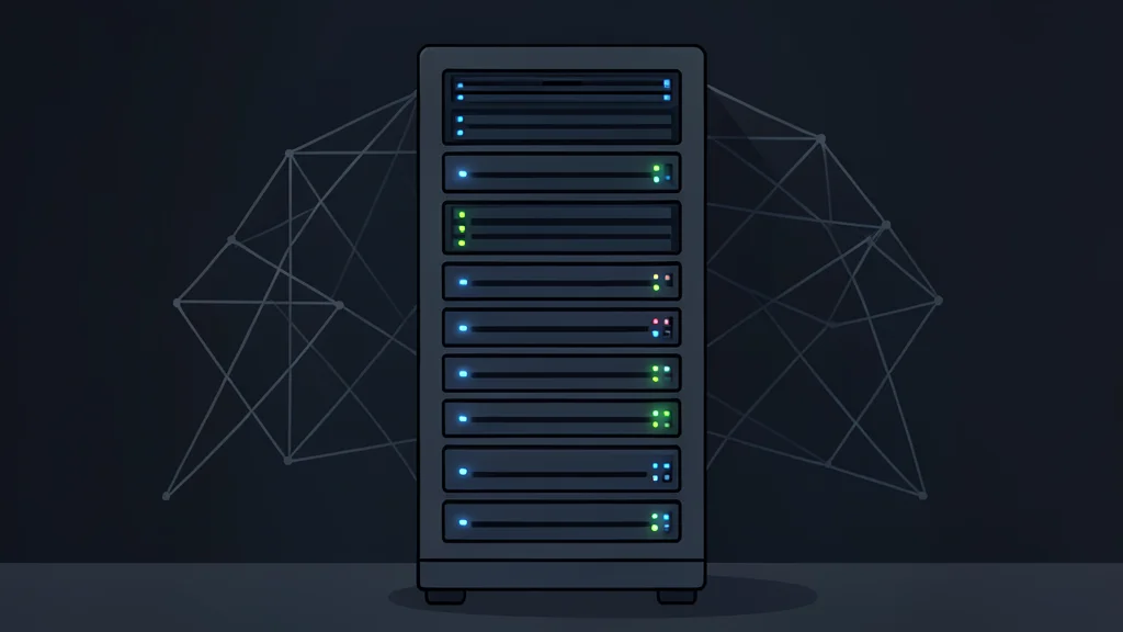 A server rack in a dimly lit data center with blinking status lights