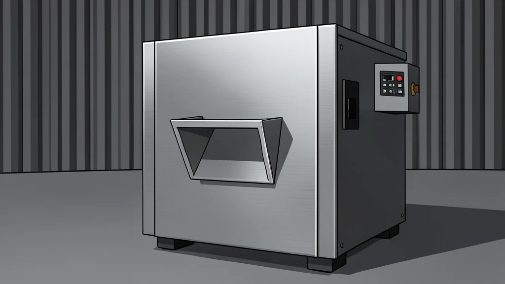 A stainless steel commercial ice machine sitting on a concrete floor in a warehouse