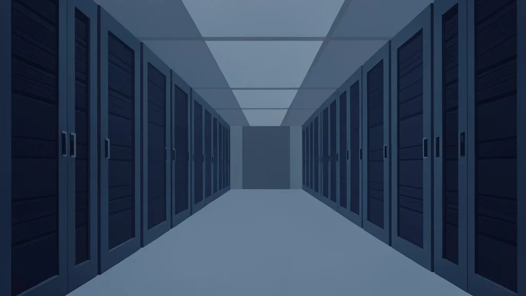 A dense cluster of server racks in a dimly lit data center aisle