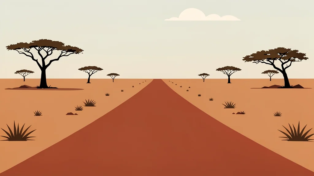 A dusty red-earth road stretching through a dry, arid landscape with sparse acacia trees in the distance