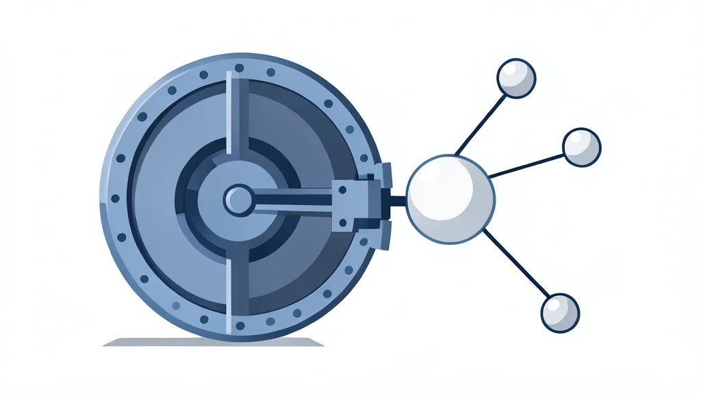 A large silver bank vault door positioned next to a glowing abstract digital network node.