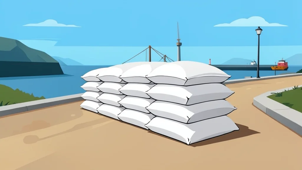A stack of white grain sacks on a dusty road near a coastal port