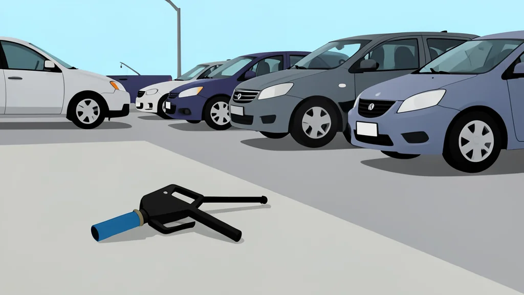 A fuel pump nozzle resting on a concrete surface next to a row of parked cars
