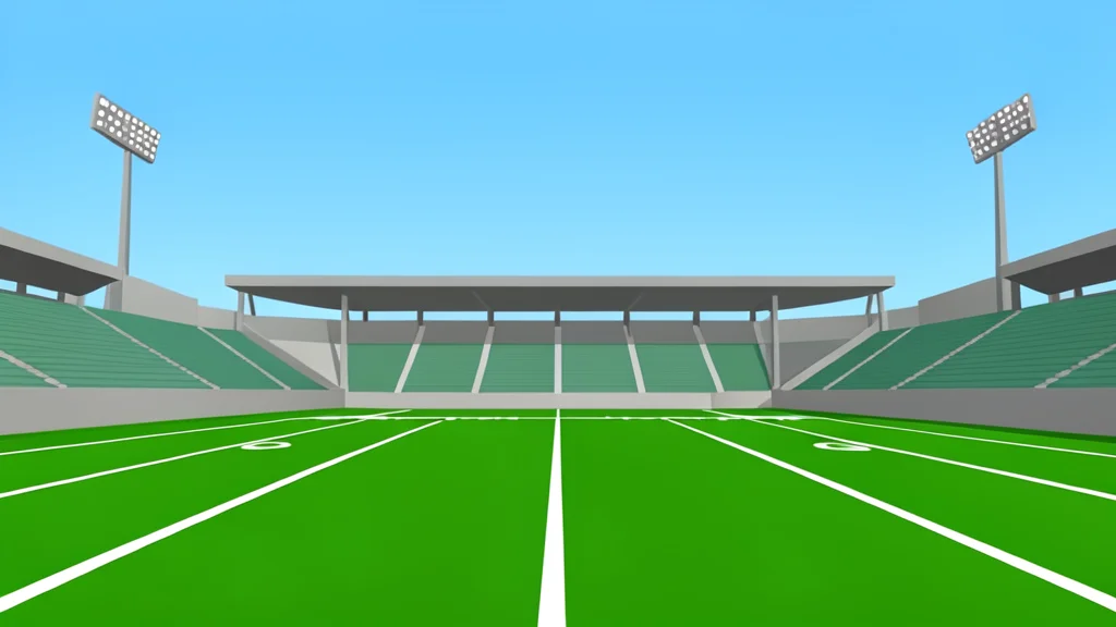 A large outdoor stadium with green grass and white yard lines under a clear sky