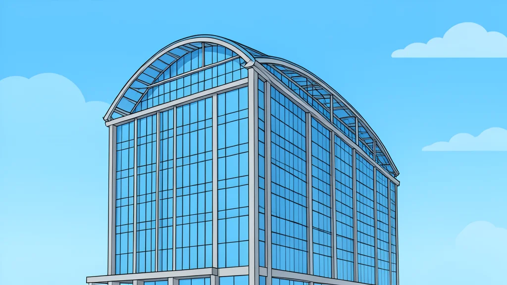The exterior facade of a large, modern glass and steel skyscraper with a curved roof structure, viewed from a distance against a clear sky.