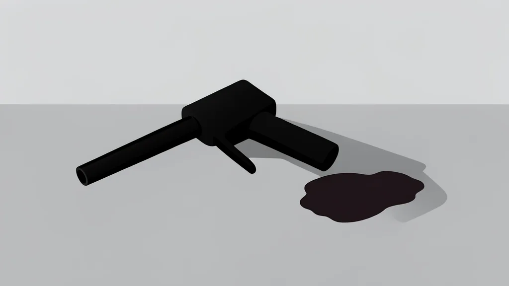 A fuel pump nozzle resting on a concrete surface next to a puddle of spilled liquid