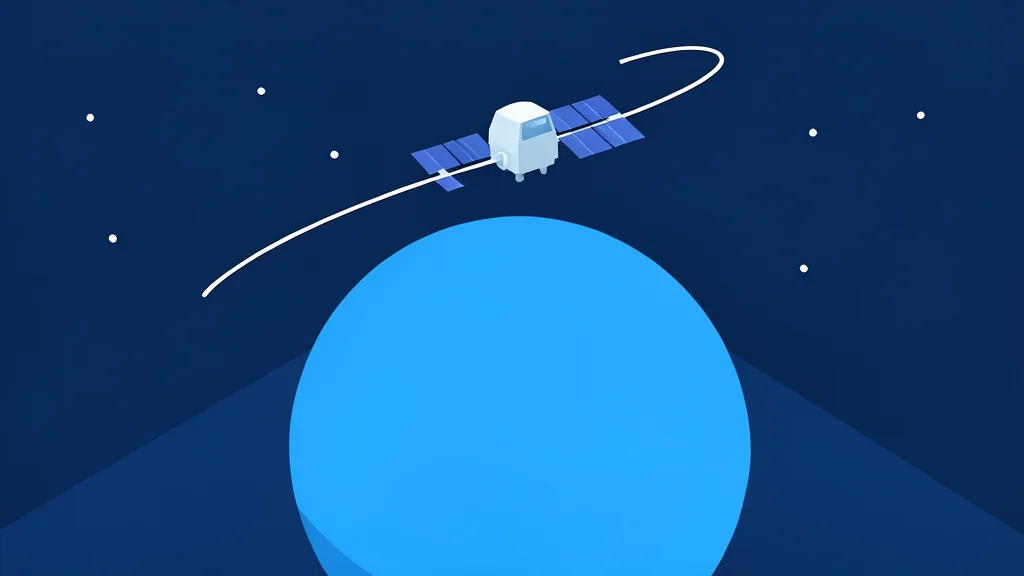 A stylized satellite orbiting high above a blue planet