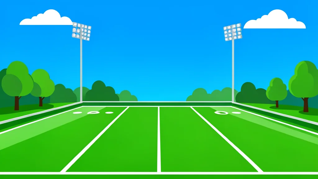 A wide-angle view of a large outdoor stadium with green grass and white yard lines under a clear sky