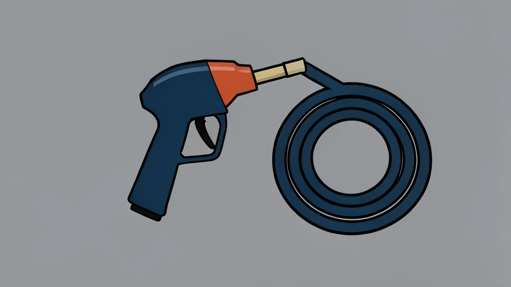 A gas pump nozzle resting on a concrete surface next to a fuel hose