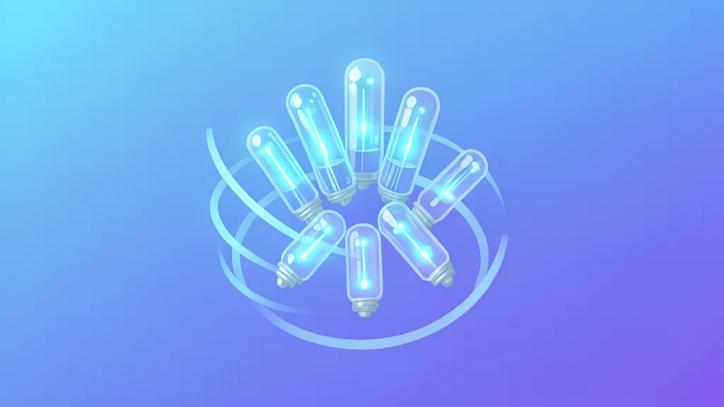 A cluster of glass vacuum tubes containing glowing ions suspended in a magnetic field