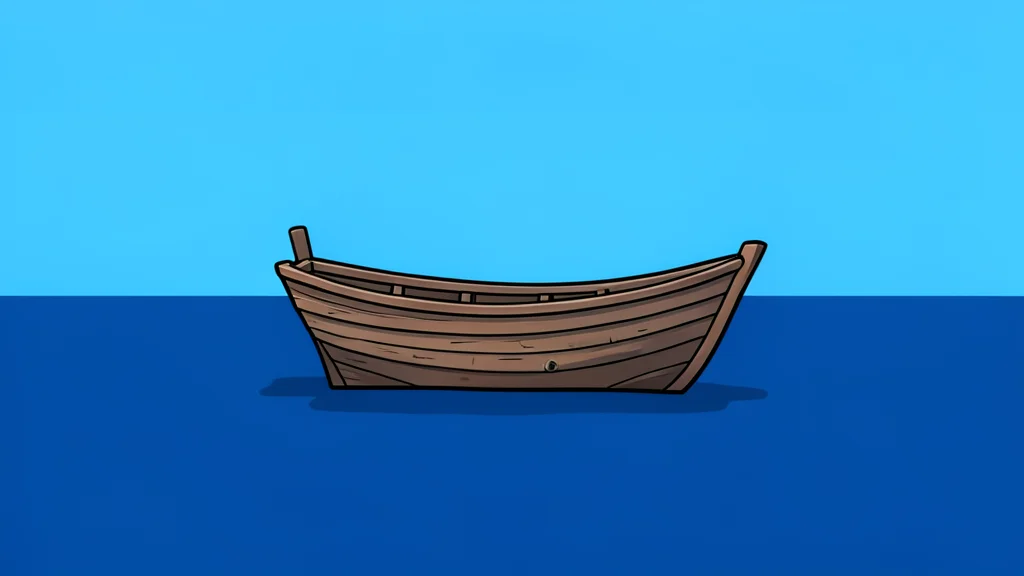 A small, weathered wooden boat floating on calm, deep blue sea water under a clear sky