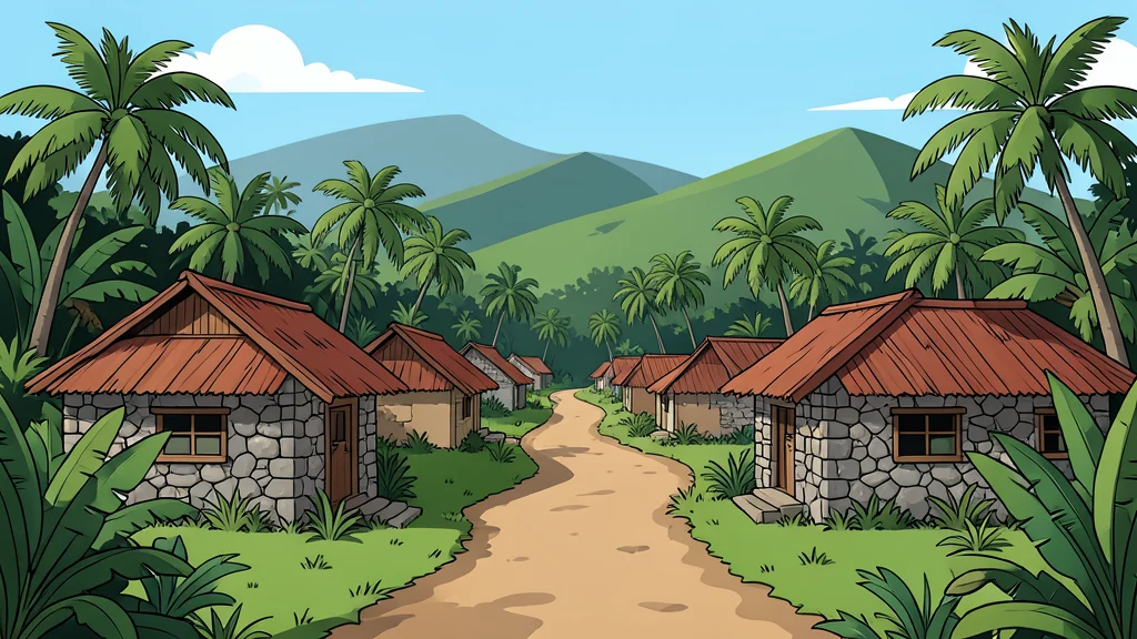 A rural Caribbean village with stone houses and dirt roads, surrounded by dense tropical vegetation and distant hills.