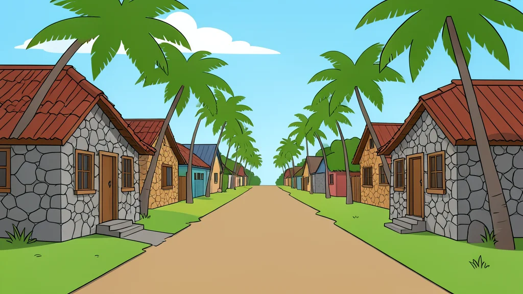 A rural Caribbean village with stone houses and a dirt road lined with palm trees