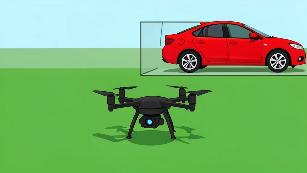 A flat vector illustration of a small quadcopter drone hovering above a textured green field.