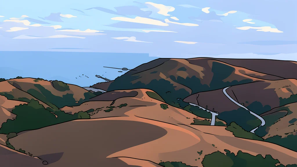 A rugged coastal cliff overlooking a sandy beach with native grasses and oak trees