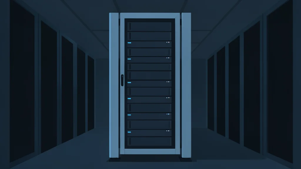 A sleek, modern server rack standing in a dimly lit data center aisle