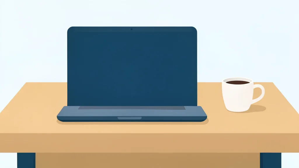 A modern office desk with a laptop and a coffee cup