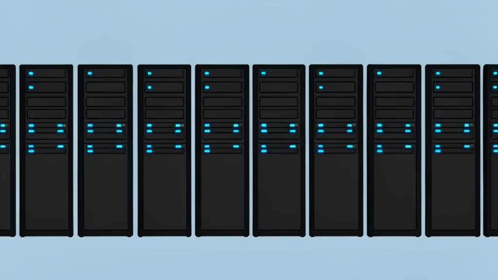 A modern server room with rows of black computer towers and glowing blue status lights