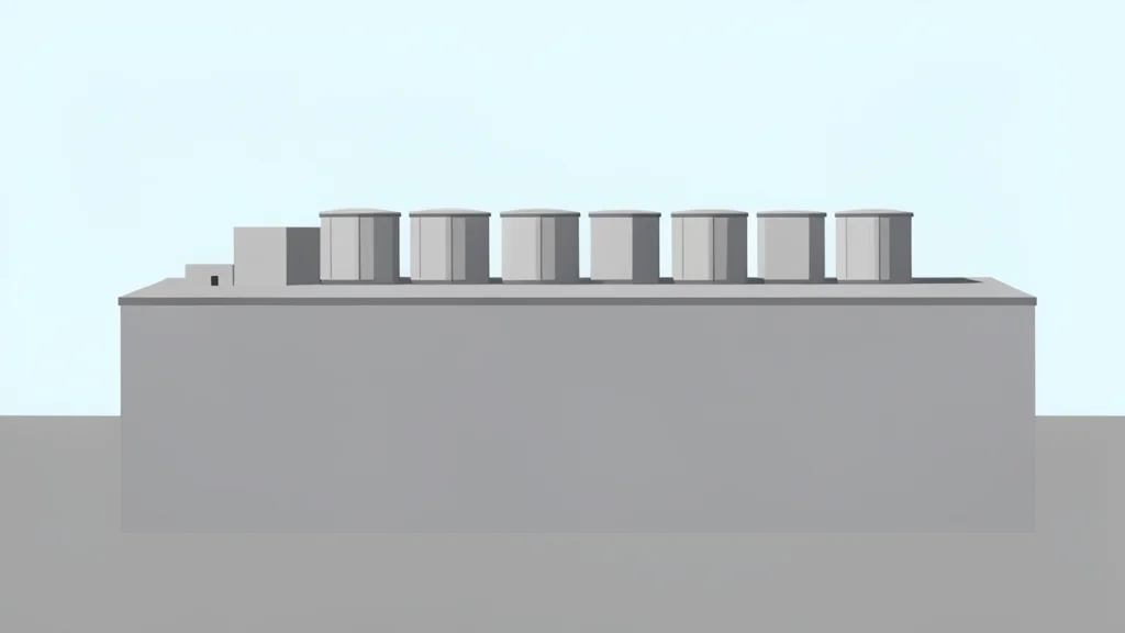 A large, windowless industrial building with rows of cooling towers and ventilation units on the roof, standing in a flat landscape.