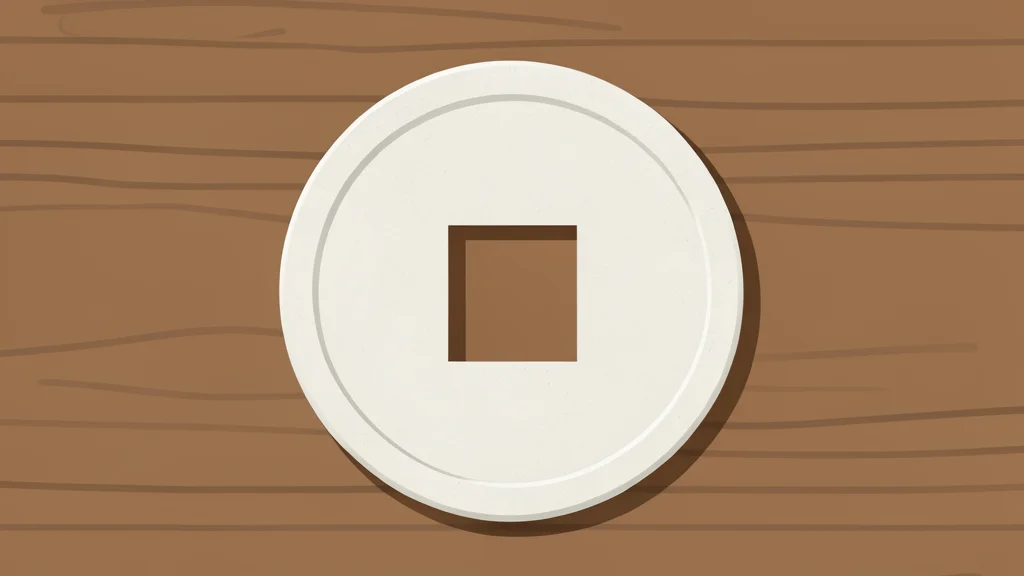 A traditional Japanese paper coin resting on a wooden desk surface