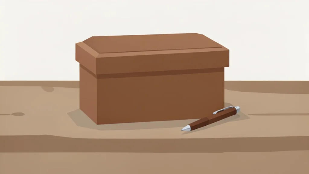 A simple wooden ballot box and a pen resting on a rustic table surface.