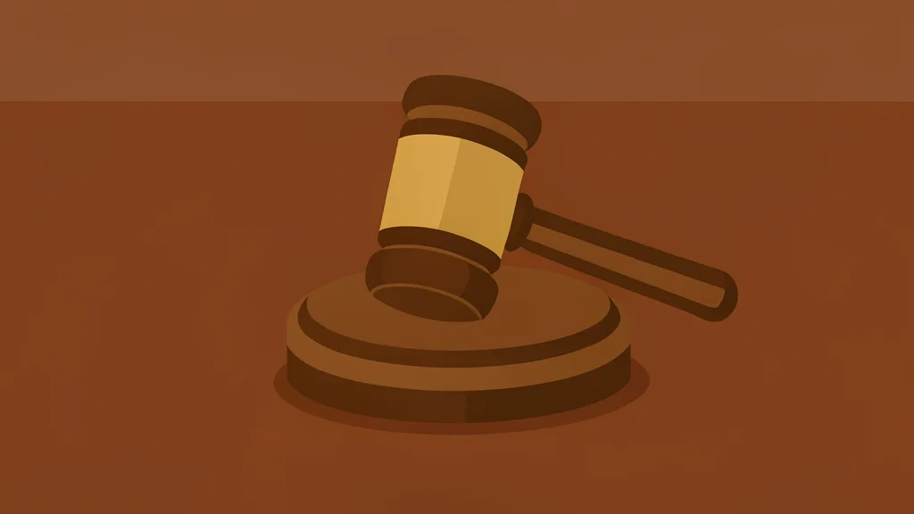 A wooden gavel resting on a polished mahogany desk