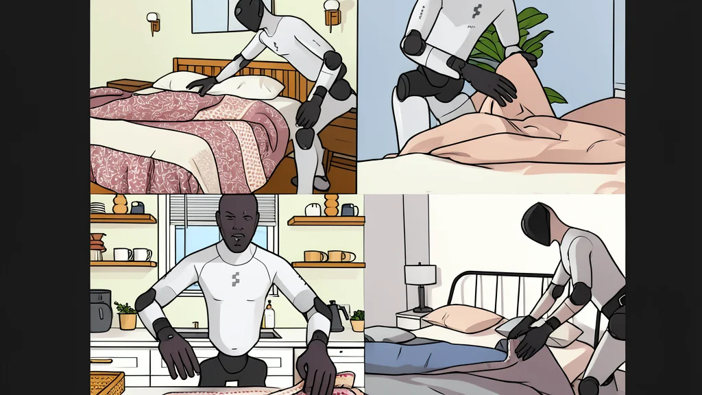 A flat-vector illustration of a humanoid robot standing in a living room next to a basket of toys.