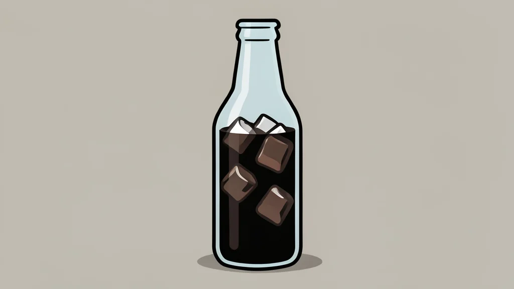 A glass bottle filled with dark carbonated liquid and ice cubes