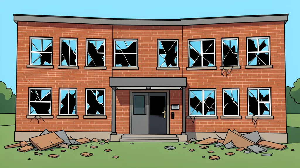 A damaged brick school building with broken windows and scattered debris on the ground