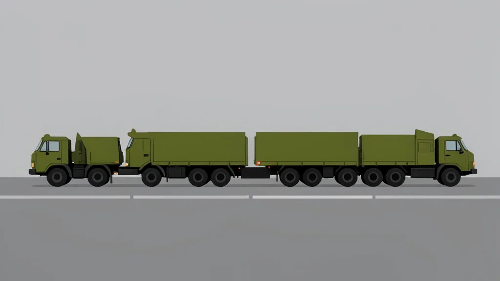 A row of olive-green military transport trucks parked on a paved airfield tarmac under a grey sky