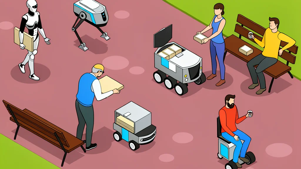 A flat-vector illustration of a humanoid robot standing next to a stack of battery packs in a warehouse aisle.