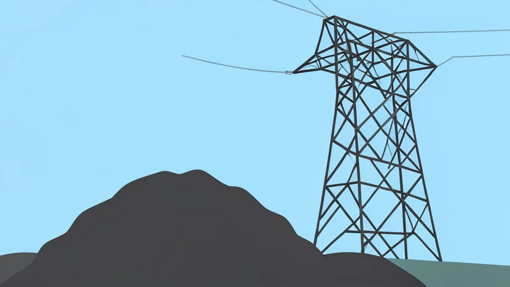 A large pile of coal situated next to a tall high-voltage transmission tower