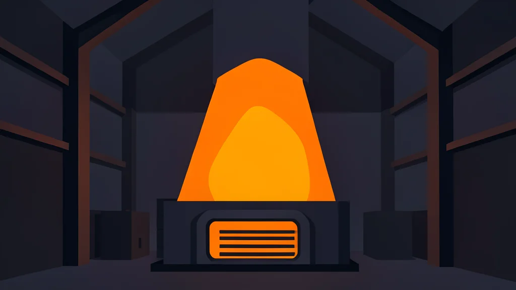A large industrial furnace glowing with intense orange heat inside a dark factory hall