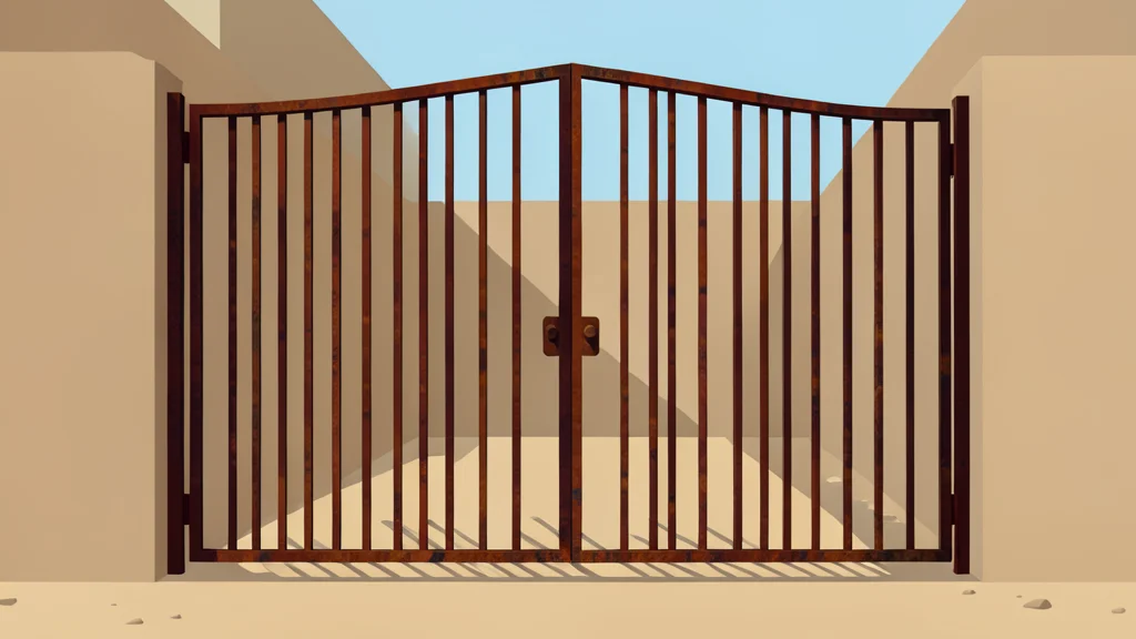 A heavy, rusted iron gate with vertical bars standing in a dusty, sunlit courtyard.
