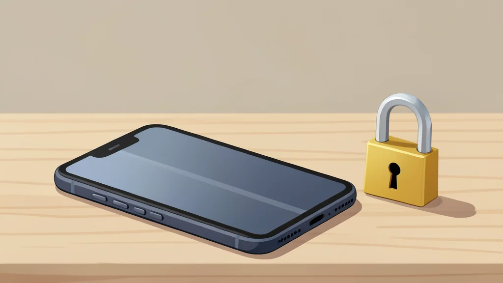 A smartphone resting on a desk next to a padlock and a digital key