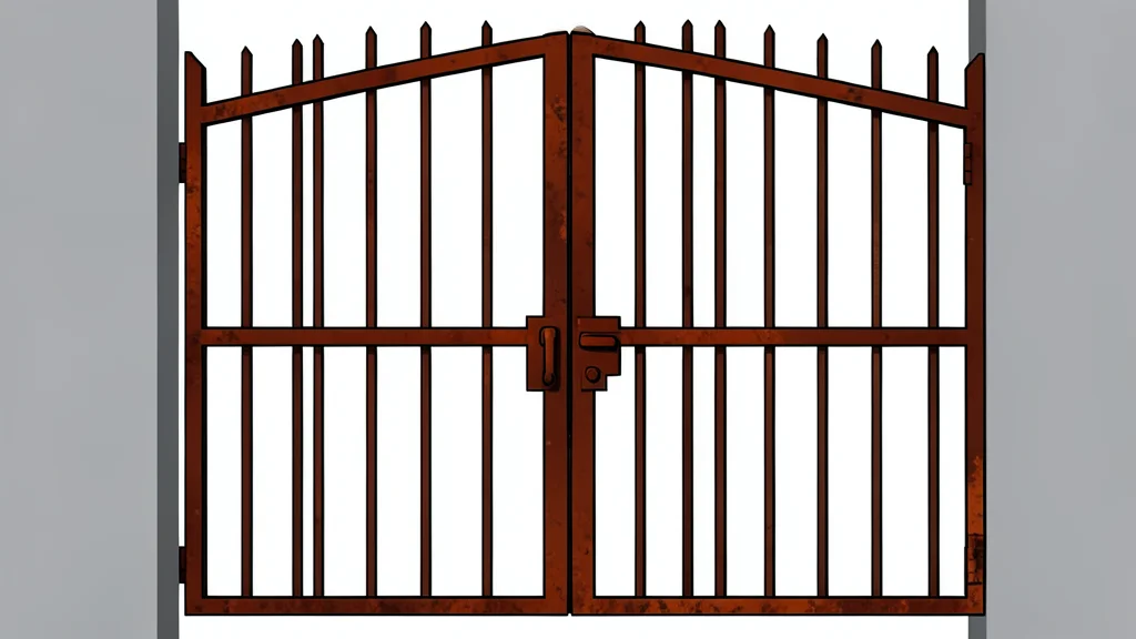 A heavy, rusted iron gate of a prison cell standing alone against a neutral background.