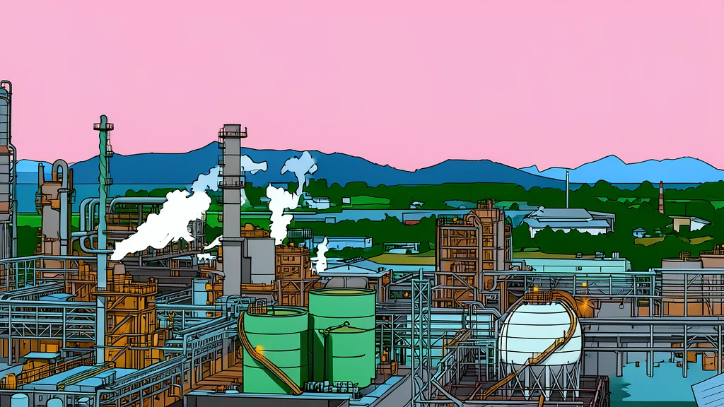 A large industrial refinery complex with tall smokestacks and interconnected pipes at dusk