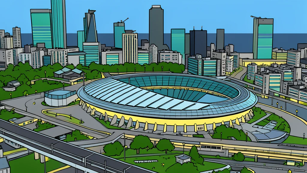 A large modern stadium with a curved roof structure under a clear sky